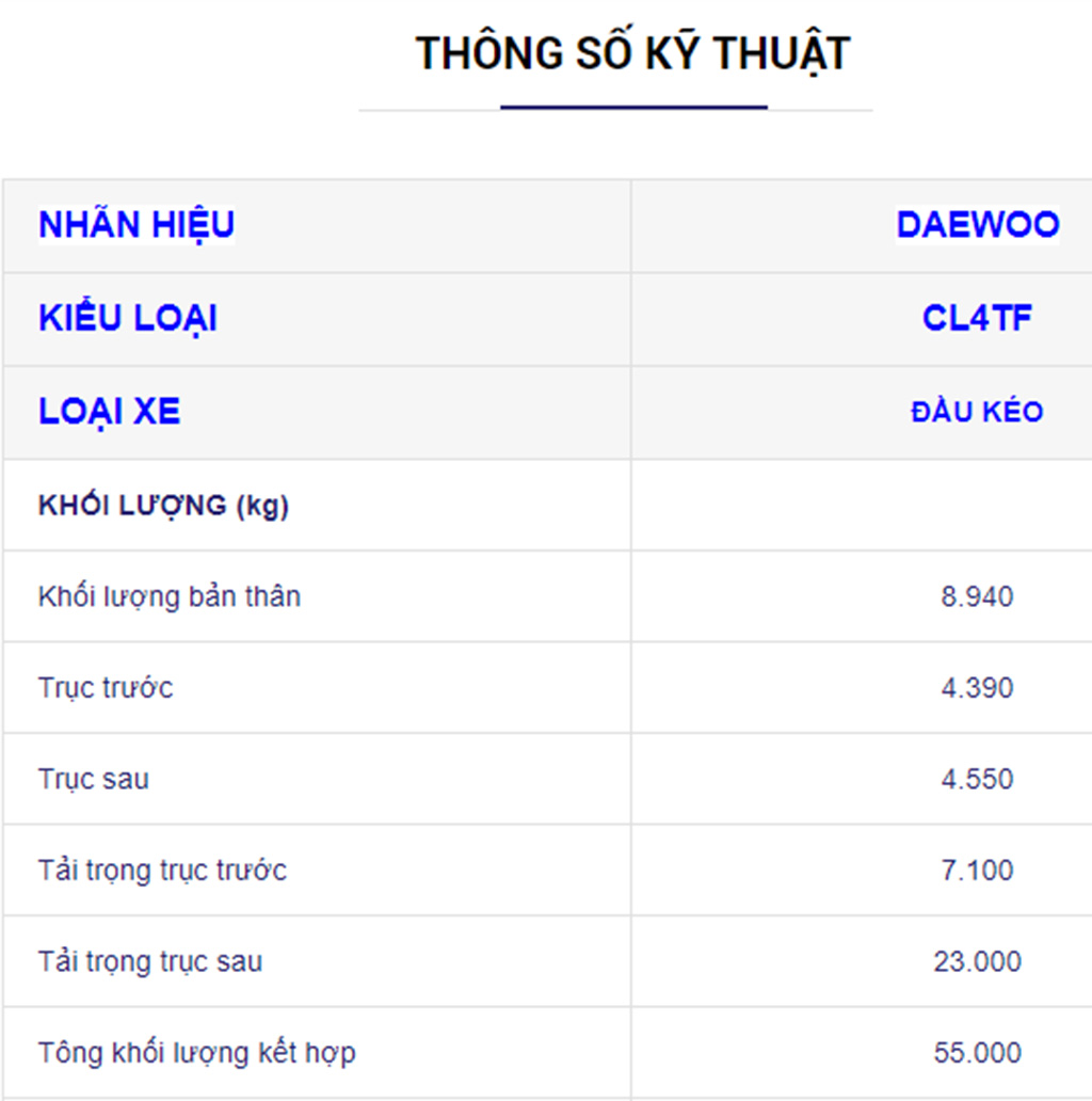 Thông số kỹ thuật chi tiết xe đầu kéo daewoo 55 tấn